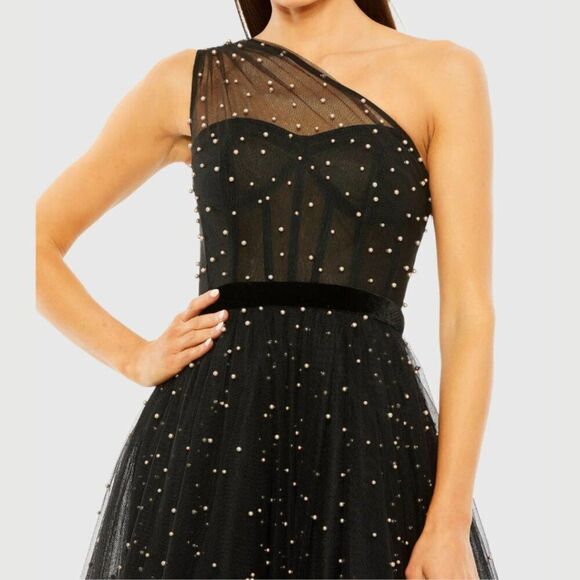 Mac Duggal 20745 Size 4‎ One Shoulder Black White Pearl Beaded Tulle Midi Dress - Picture 6 of 7
